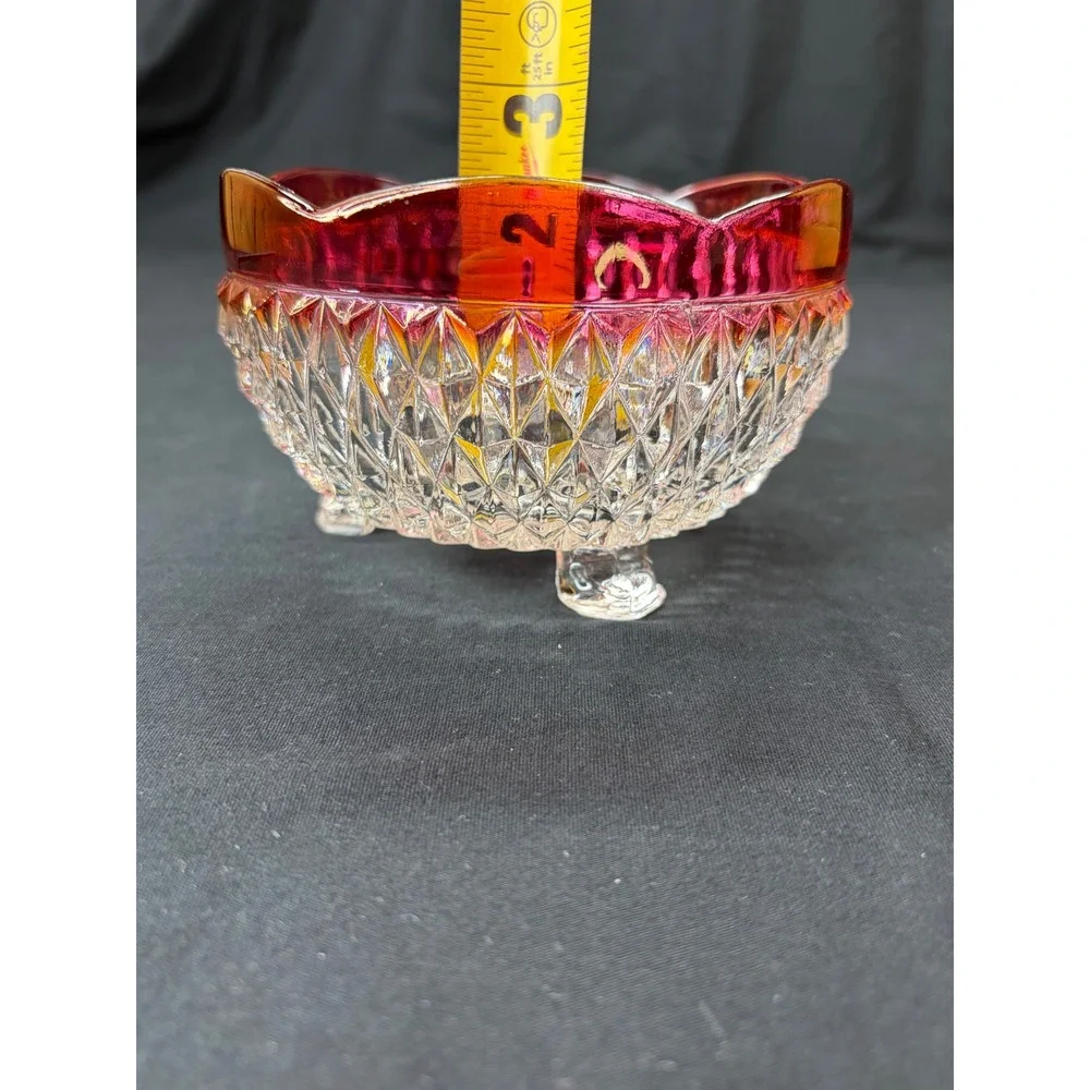 Vtg Ruby Red Flash Clear Diamond Point Pattern Footed Glass Bowl Scalloped Edge